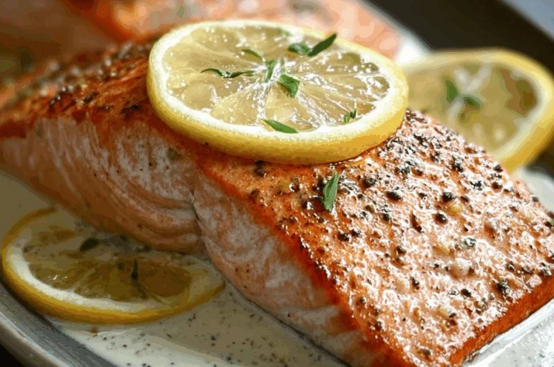 Pan-seared salmon with lemon cream sauce served on a plate