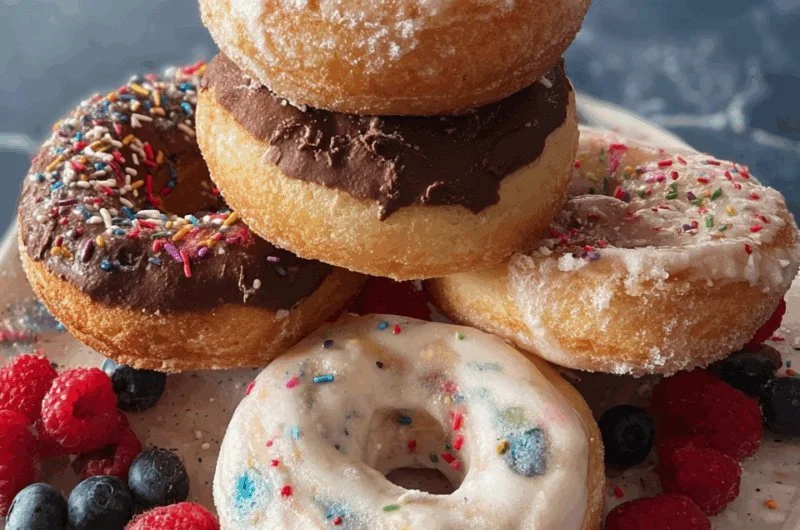Delicious pancake donuts topped with syrup and berries on a plate