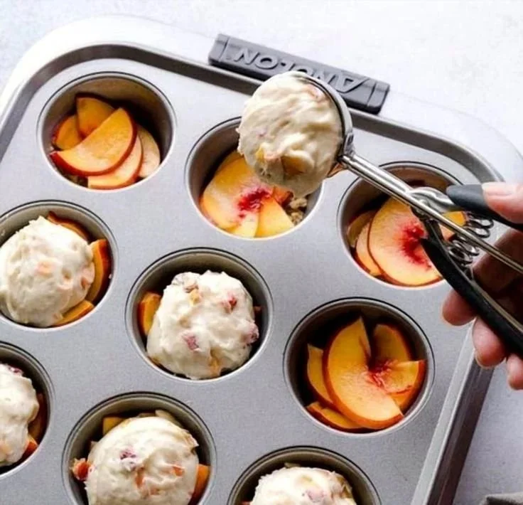 Peach Upside-Down Mini Cakes with fresh peaches on top