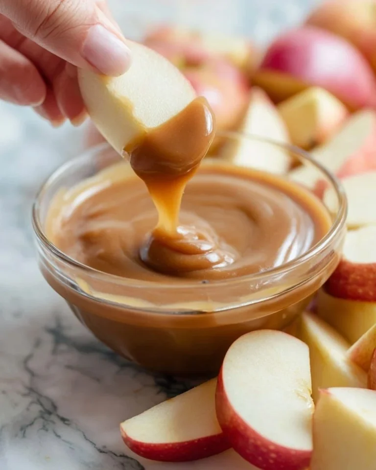 Delicious peanut butter caramel apple dip served with fresh apple slices