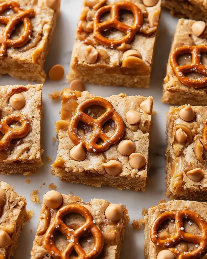 Delicious peanut butter pretzel butterscotch blondies ready to be served.