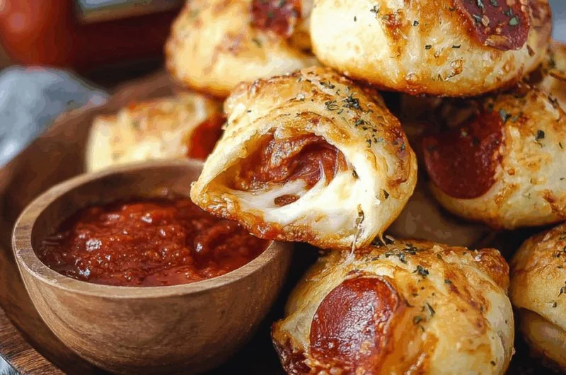 Delicious pepperoni cheese bombs fresh out of the oven, gooey and cheesy.