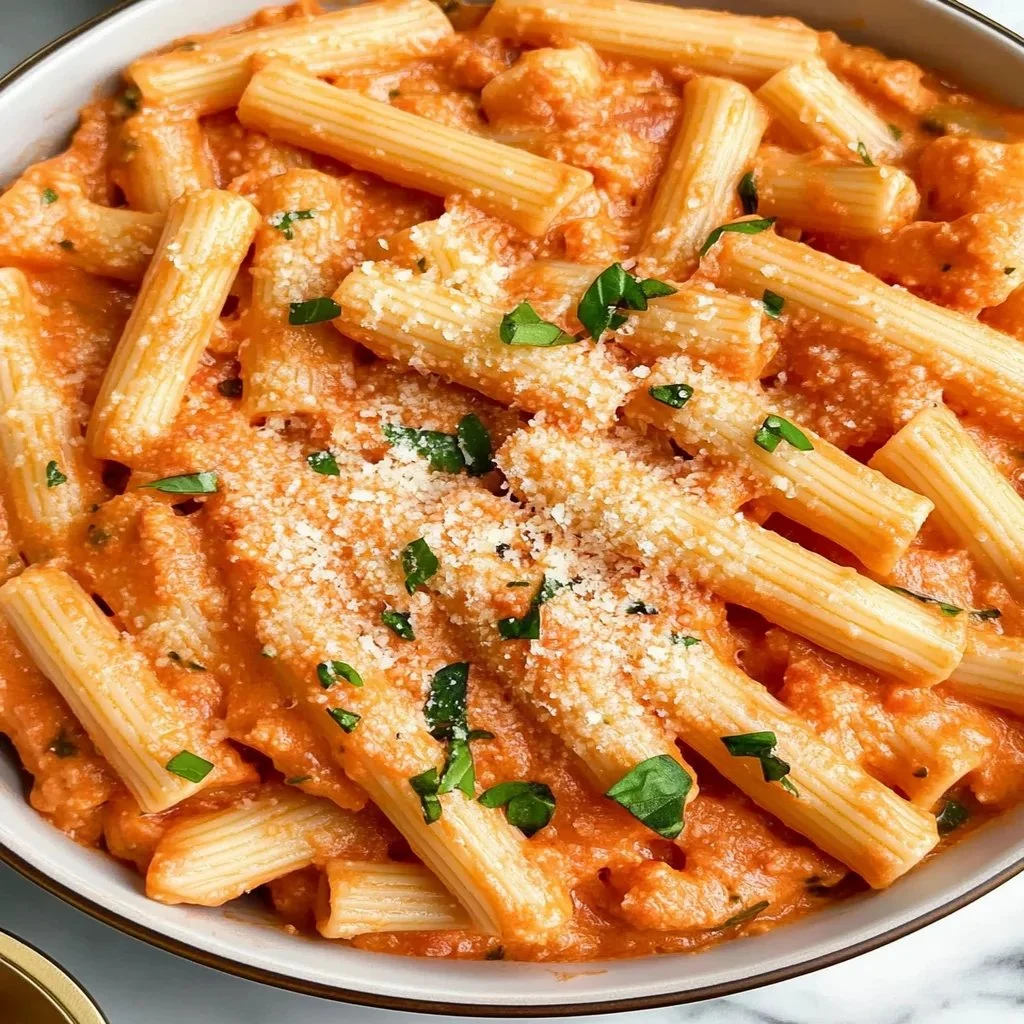 Delicious plate of pink sauce pasta garnished with herbs