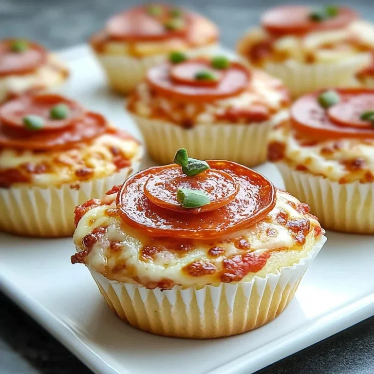 Delicious pizza cupcakes topped with cheese and pepperoni.