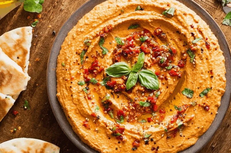 A vibrant bowl of pizza hummus topped with herbs and spices, served with pita bread.