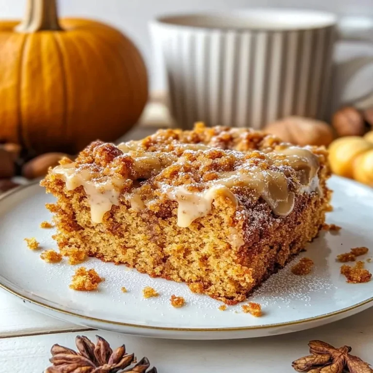 Slice of Pumpkin Coffee Cake with cinnamon glaze on a rustic table