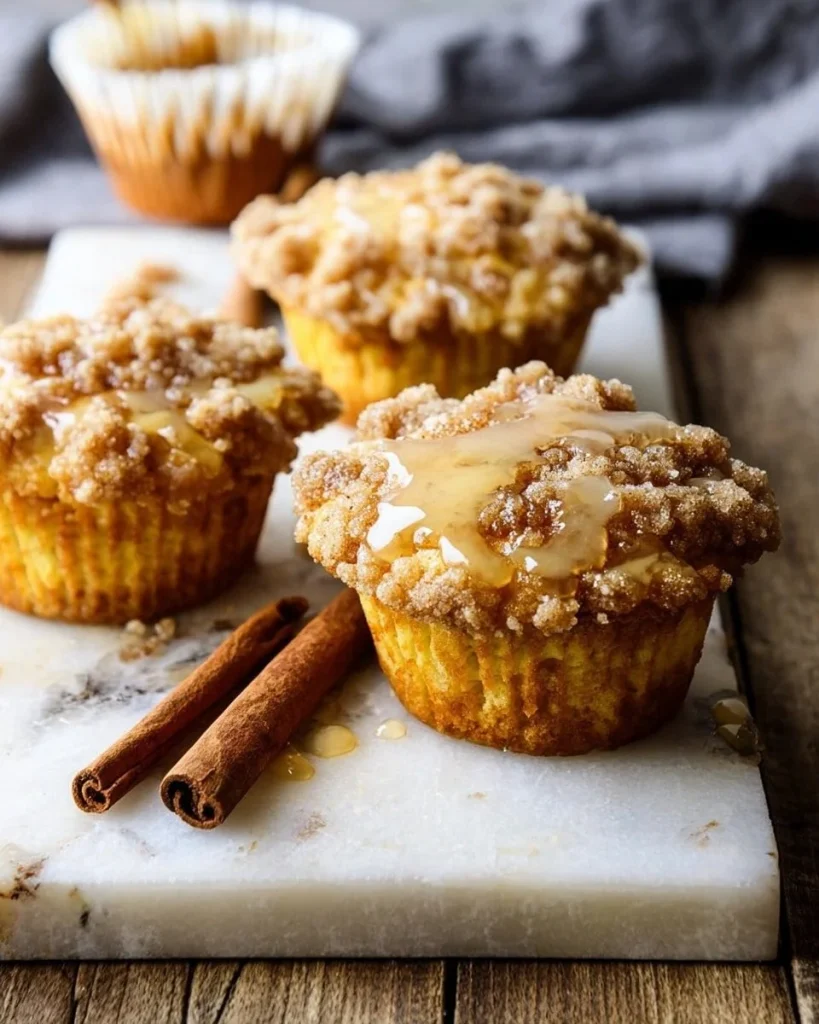Pumpkin Coffee Cake Muffins with Cinnamon Honey Butter on a rustic table