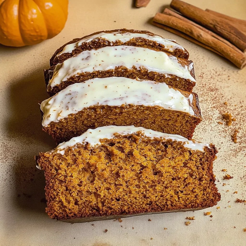 Sliced pumpkin cream cheese bread with a rich, creamy texture and pumpkin spice topping