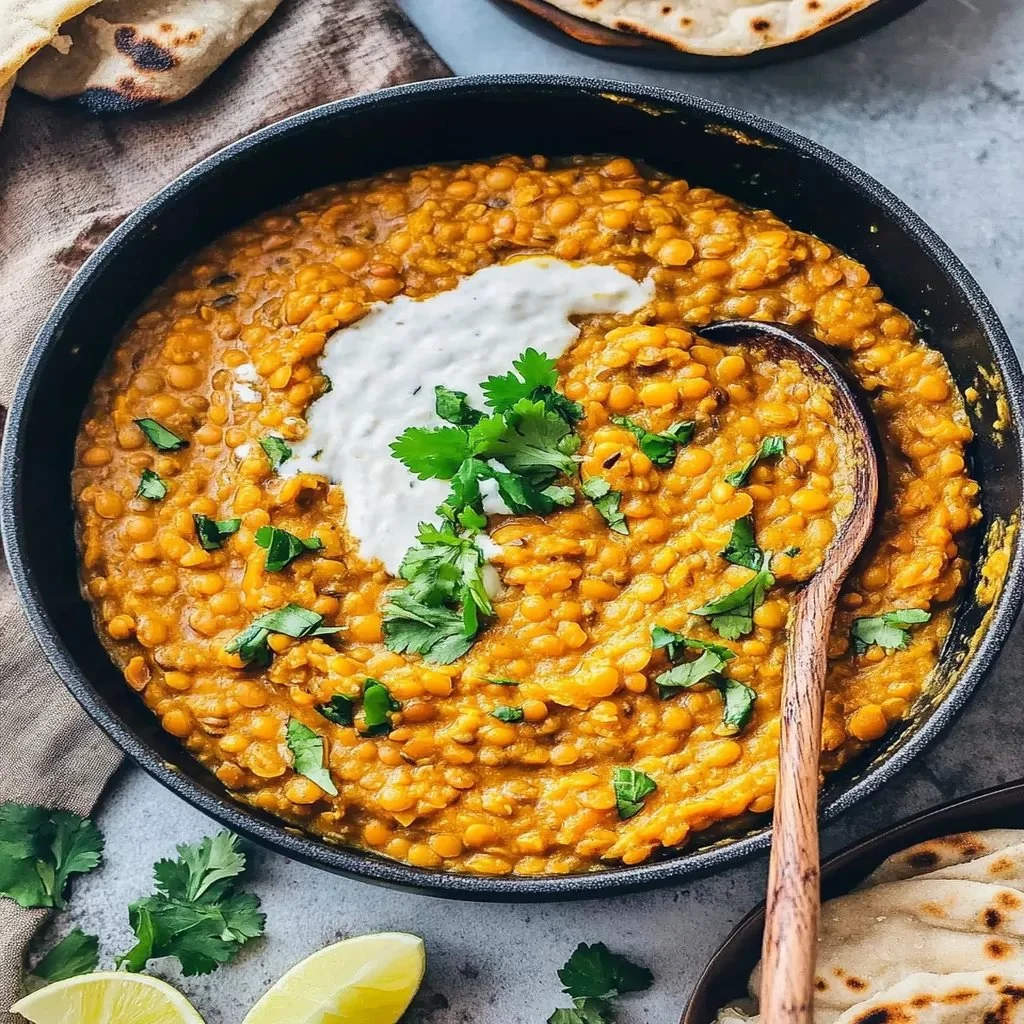 Servings of flavorful Red Lentil Dahl garnished with herbs and served in a bowl