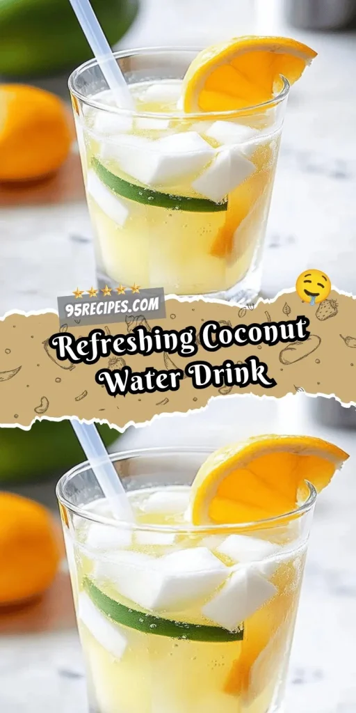 Refreshing coconut water drink in a glass with tropical fruits