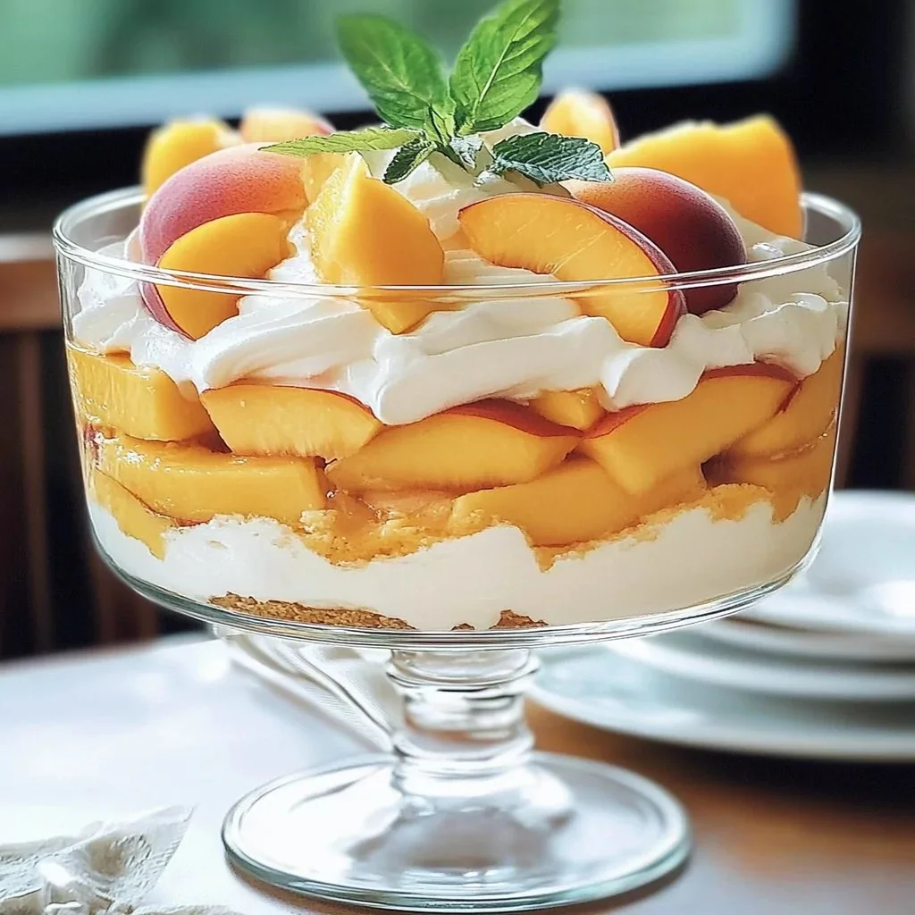 Refreshing summer peach mousse trifle dessert served in a glass
