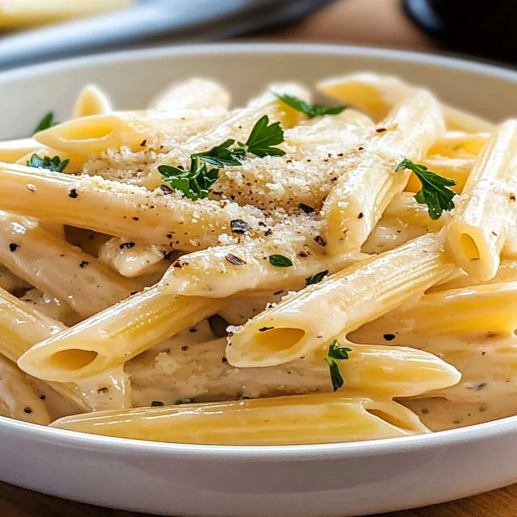 Plate of restaurant-style creamy garlic penne pasta garnished with herbs