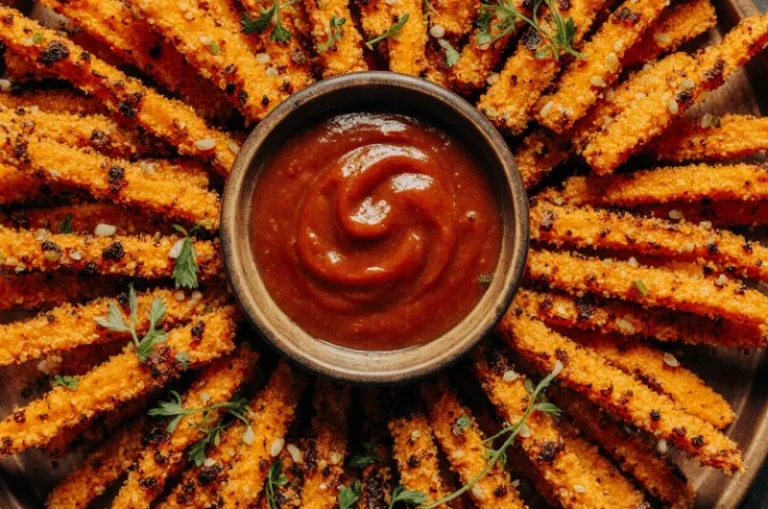 Plate of roasted carrot strips seasoned with herbs and spices