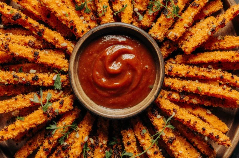 Plate of roasted carrot strips seasoned with herbs and spices