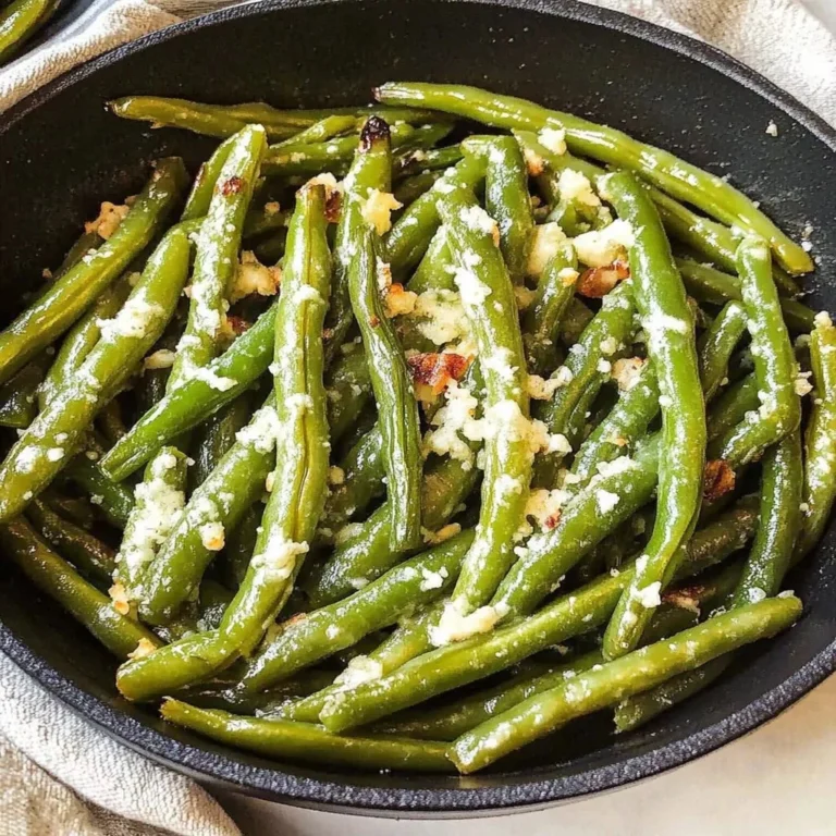 A plate of roasted Parmesan green beans garnished with herbs.