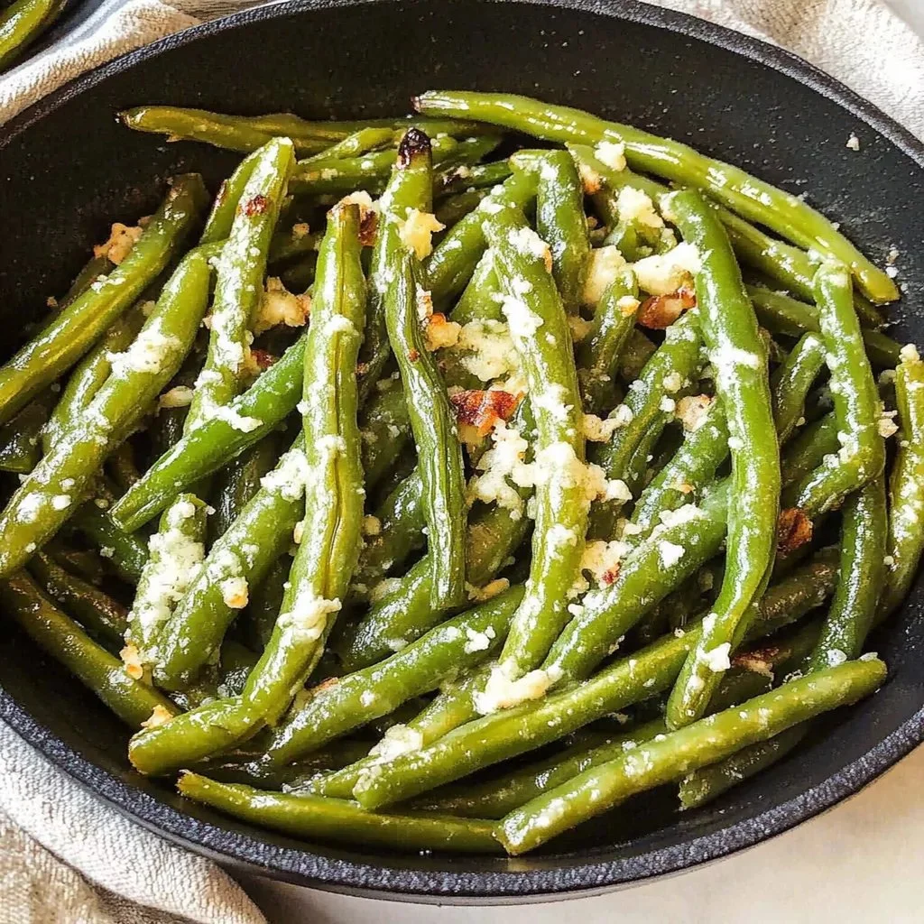 A plate of roasted Parmesan green beans garnished with herbs.