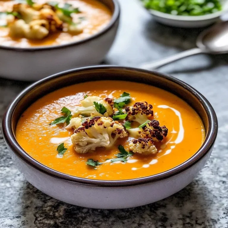 Bowl of roasted red pepper cauliflower soup garnished with herbs.