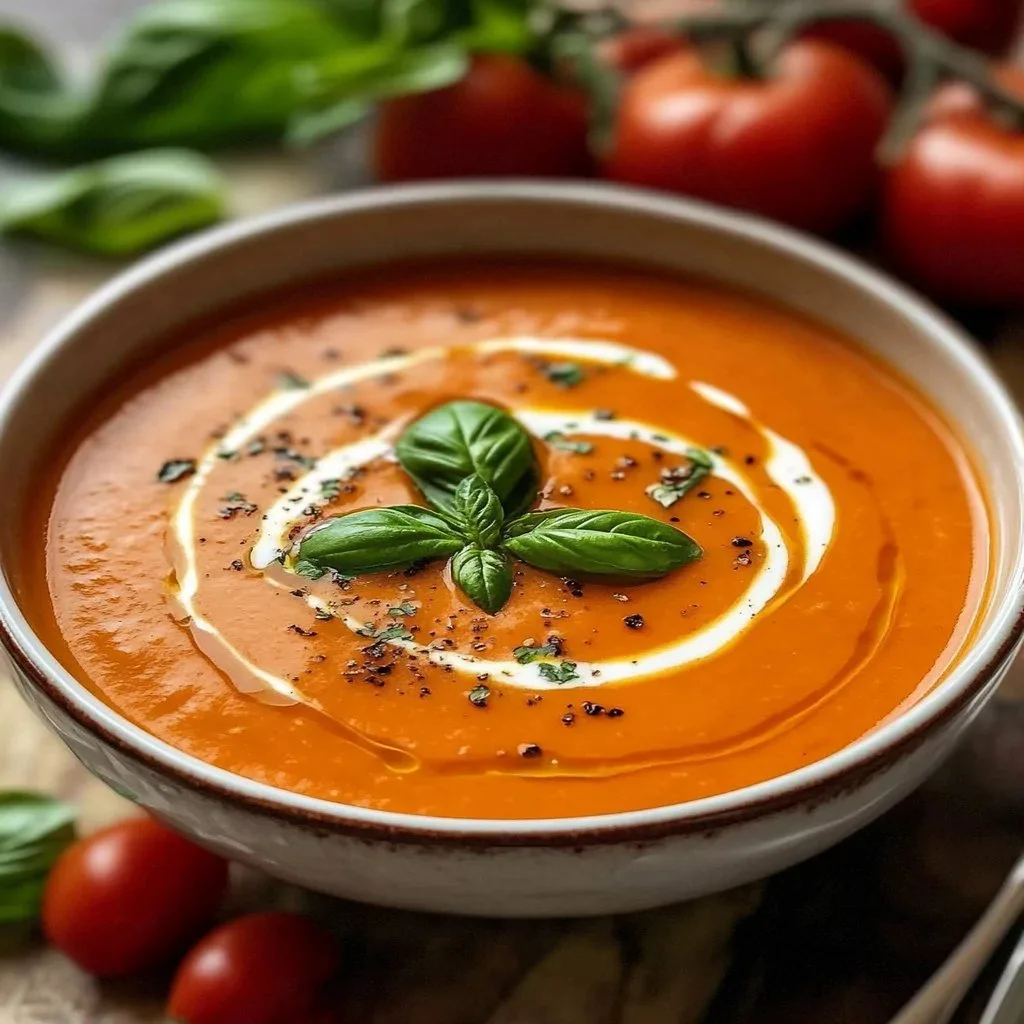 Bowl of roasted tomato basil soup with fresh basil leaves and herbs