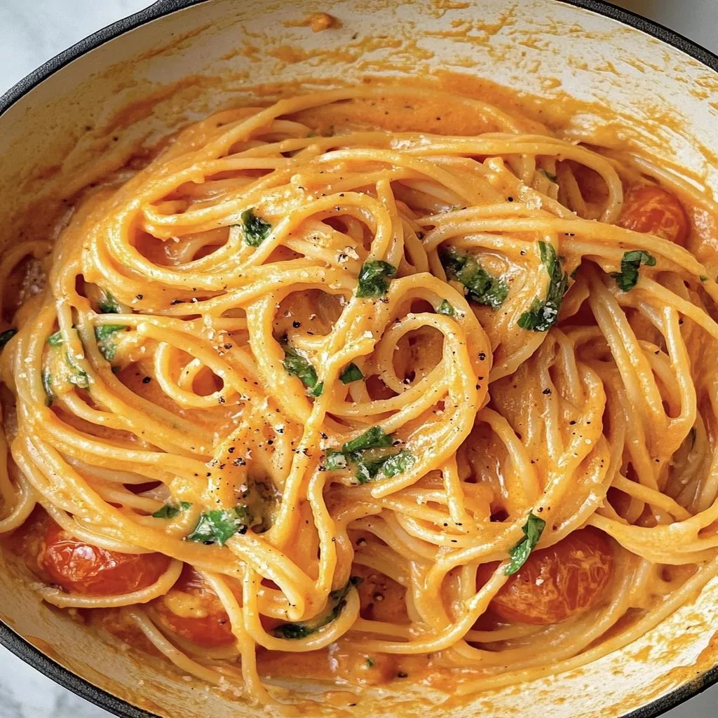 A bowl of roasted tomato pasta topped with fresh basil and parmesan cheese.