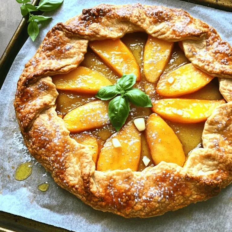 Fresh rustic peach galette served with ice cream for a delightful summer dessert.
