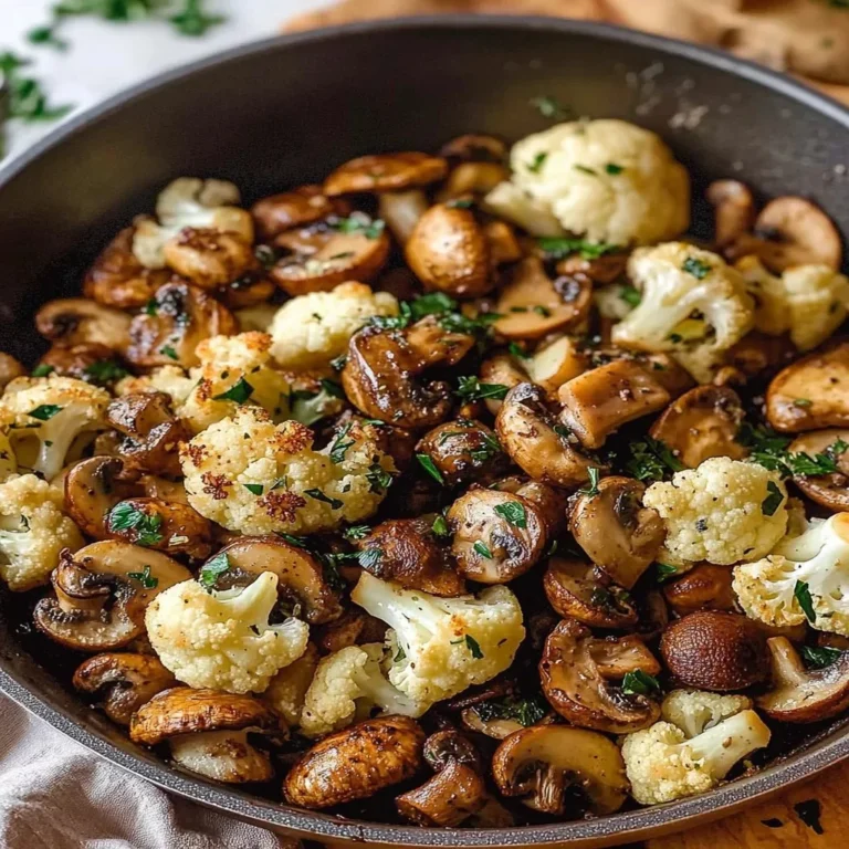 Savory garlic cauliflower and mushroom skillet dish garnished with herbs.
