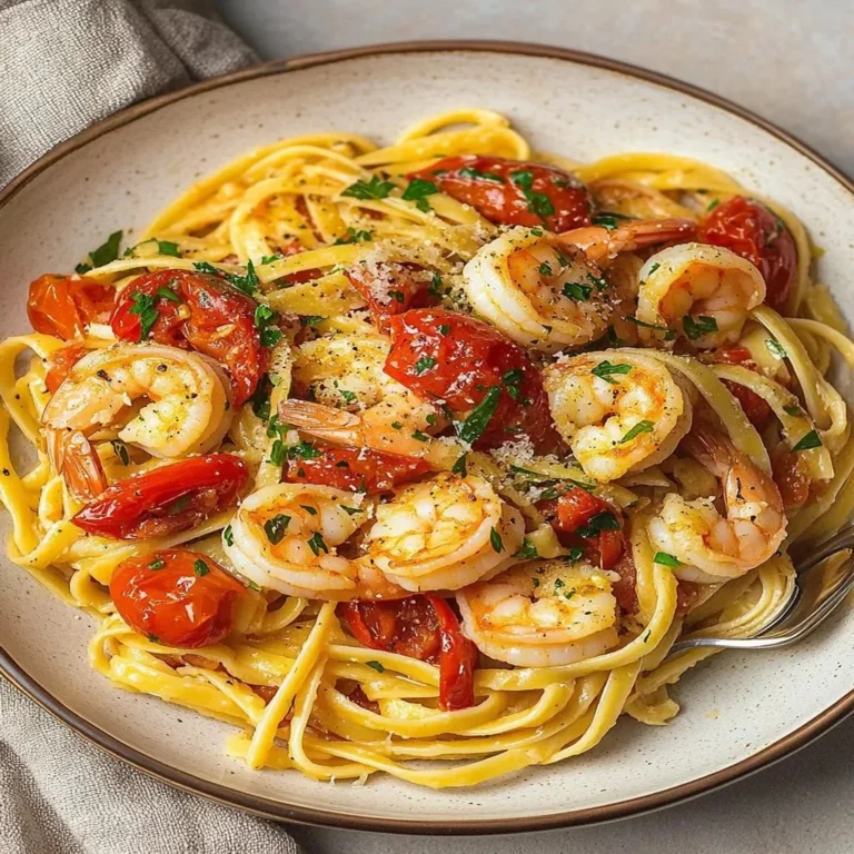 Savory shrimp linguine with burst tomatoes on a plate