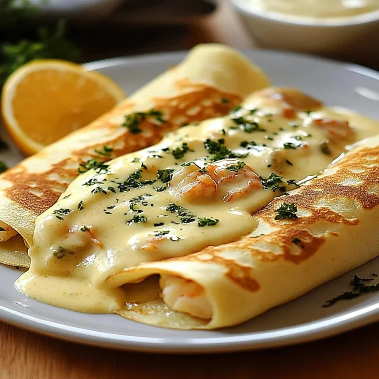 Delicious Seafood Crepes topped with creamy Béchamel Sauce on a white plate
