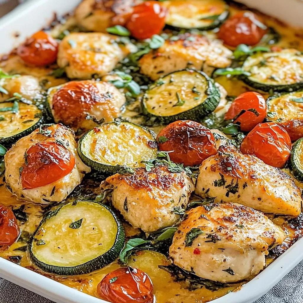 Sheet pan Mediterranean chicken with zucchini ready to serve.