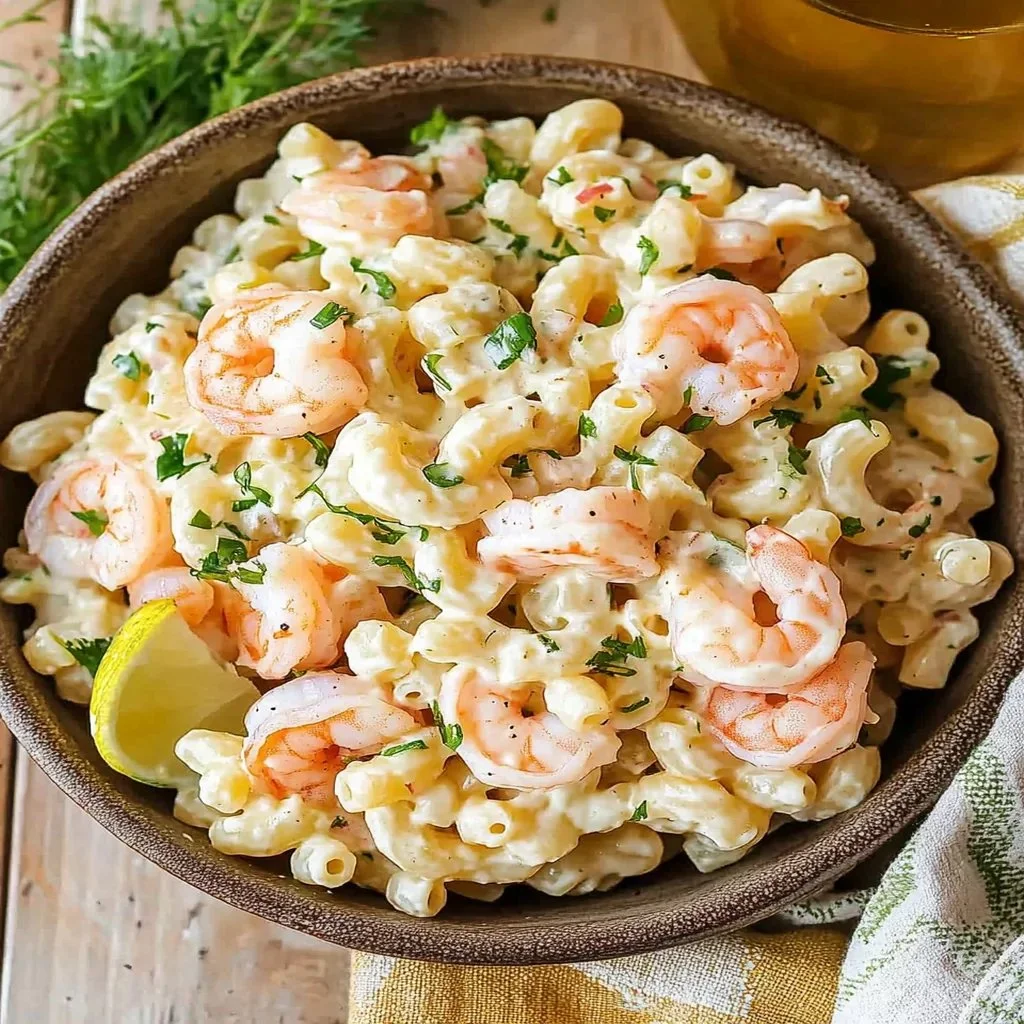 Plate of refreshing Shrimp Macaroni Salad with vegetables and dressing