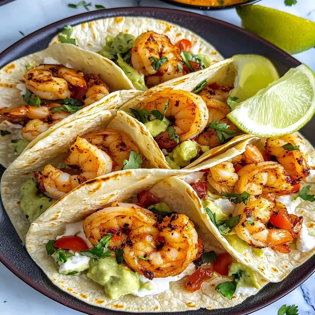 Spicy shrimp tacos with fresh toppings on a plate