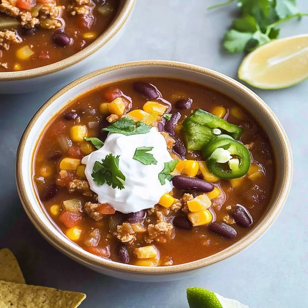 Delicious slow cooker taco soup in a bowl with toppings