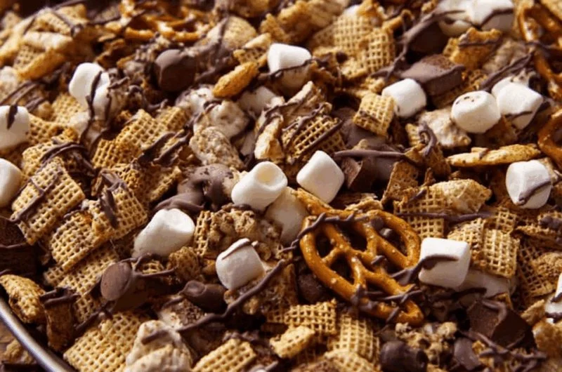 Delicious S’mores Snack Mix featuring chocolate, marshmallows, and graham crackers.