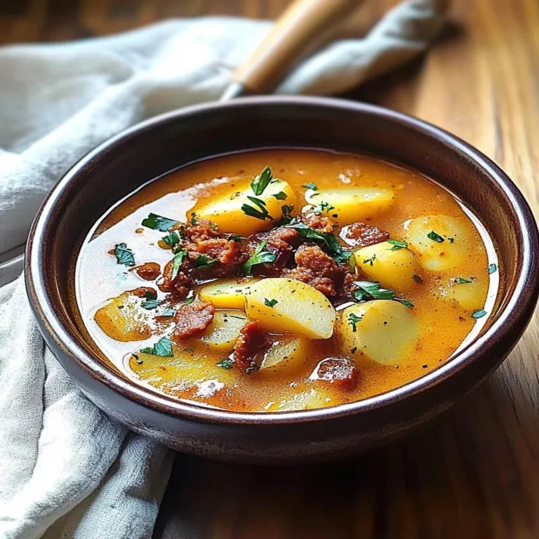 Bowl of Spanish Potato Soup with Chorizo, garnished with parsley