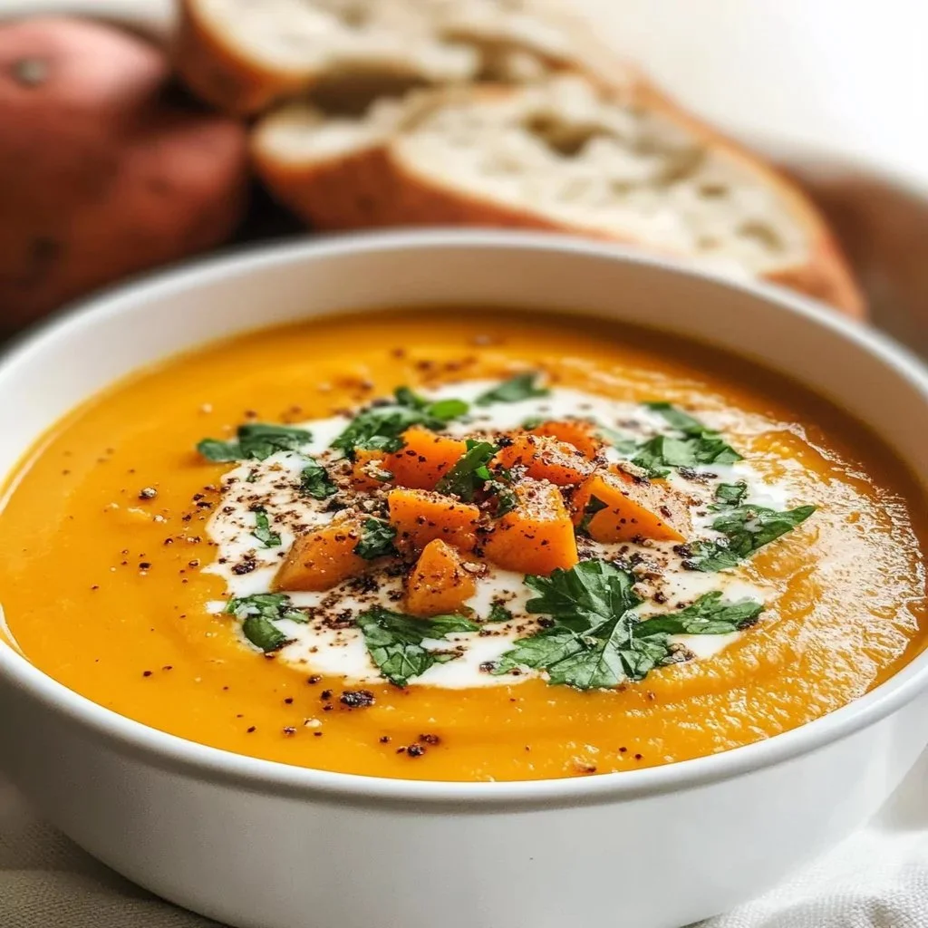 Bowl of spicy butternut squash sweet potato soup garnished with herbs