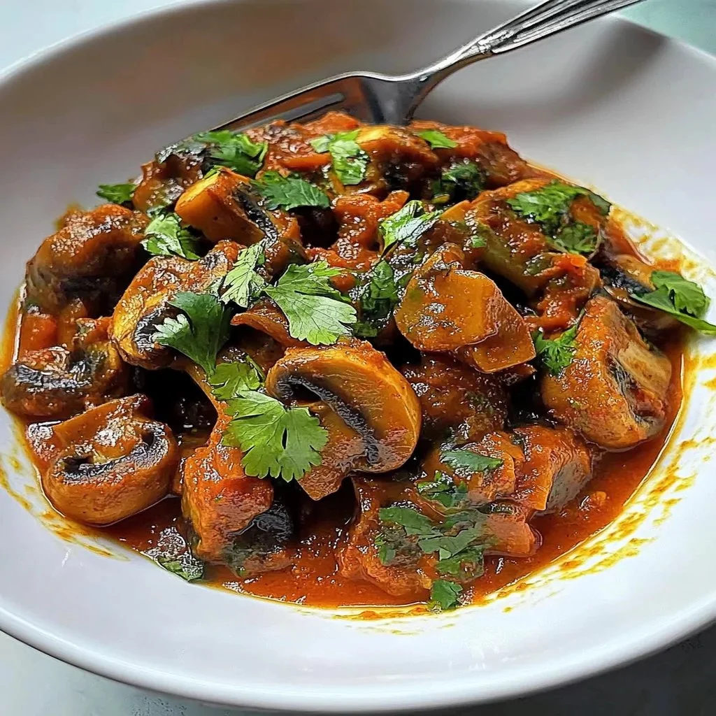 Delicious Spicy Mushroom Masala in a bowl, garnished with fresh herbs.