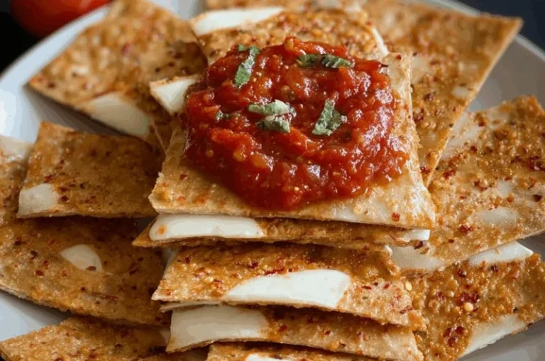 Plate of spicy pizza dough crackers topped with melted mozzarella cheese