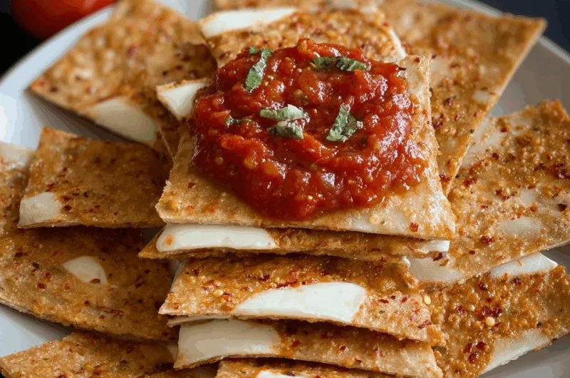 Plate of spicy pizza dough crackers topped with melted mozzarella cheese