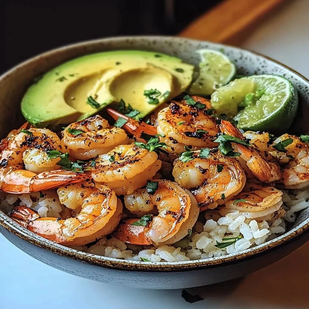 Spicy shrimp and avocado rice bowl with fresh vegetables and herbs