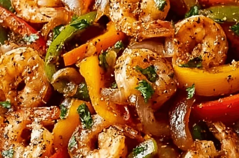 Spicy shrimp stir-fry with colorful bell peppers served in a bowl