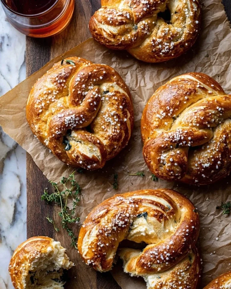 Spinach and artichoke stuffed soft pretzels on a baking tray