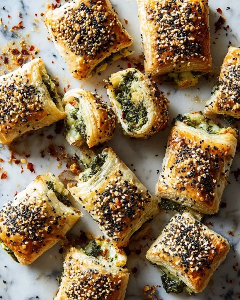 Spinach artichoke cheese puff pastry rolls served on a plate