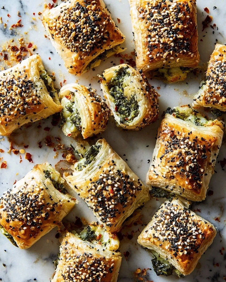 Spinach artichoke cheese puff pastry rolls served on a plate