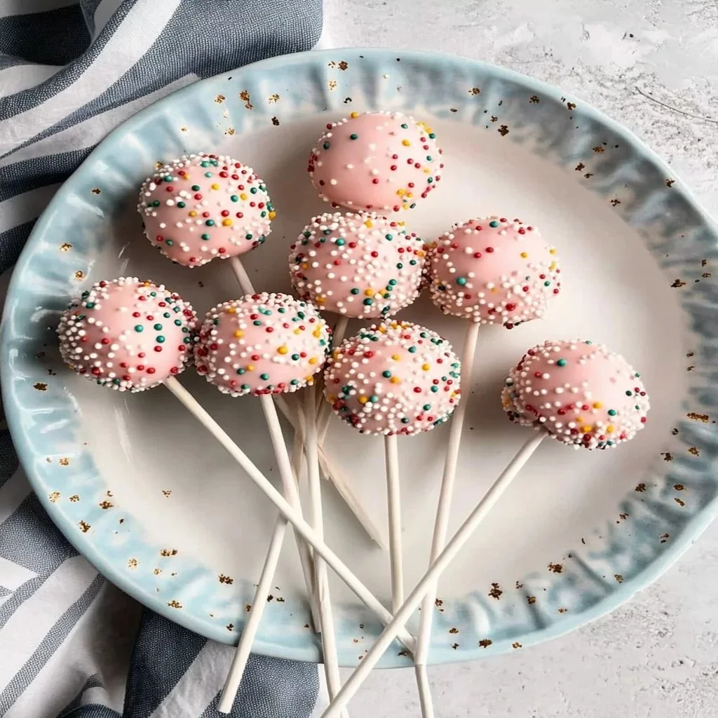 Starbucks copycat birthday cake pops on a colorful plate