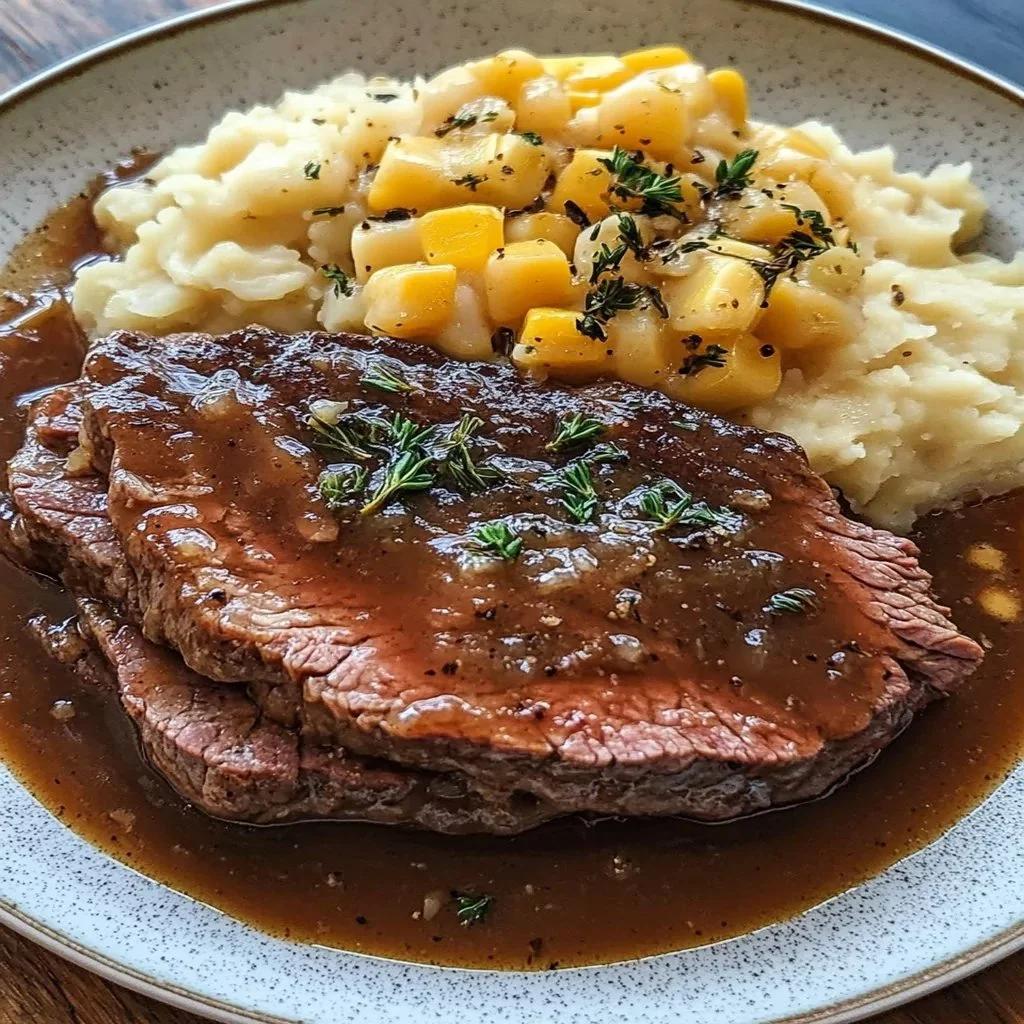 Delicious steak served with rich, flavorful gravy on a plate.