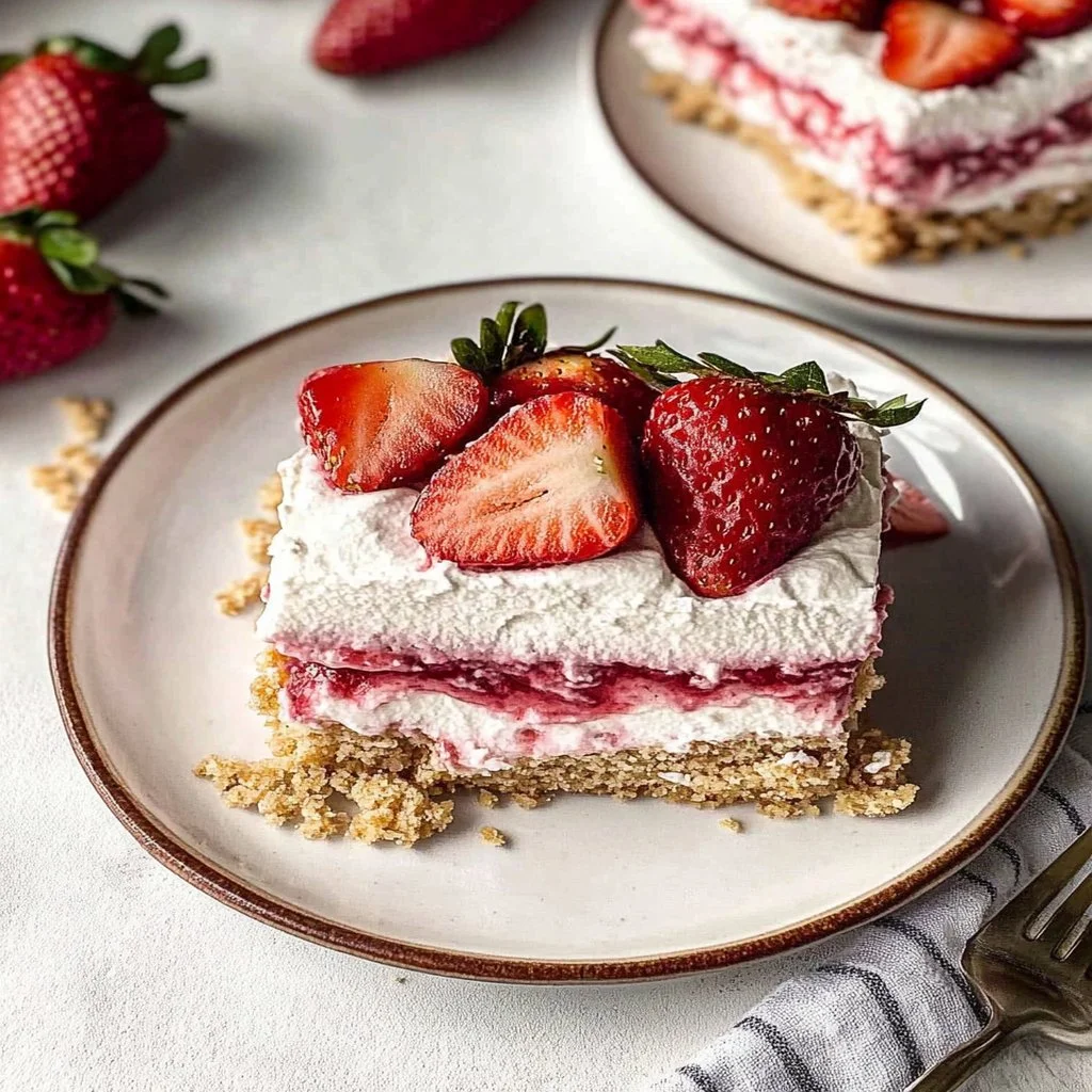 Strawberry Delight No Bake Dessert with fresh strawberries and whipped cream