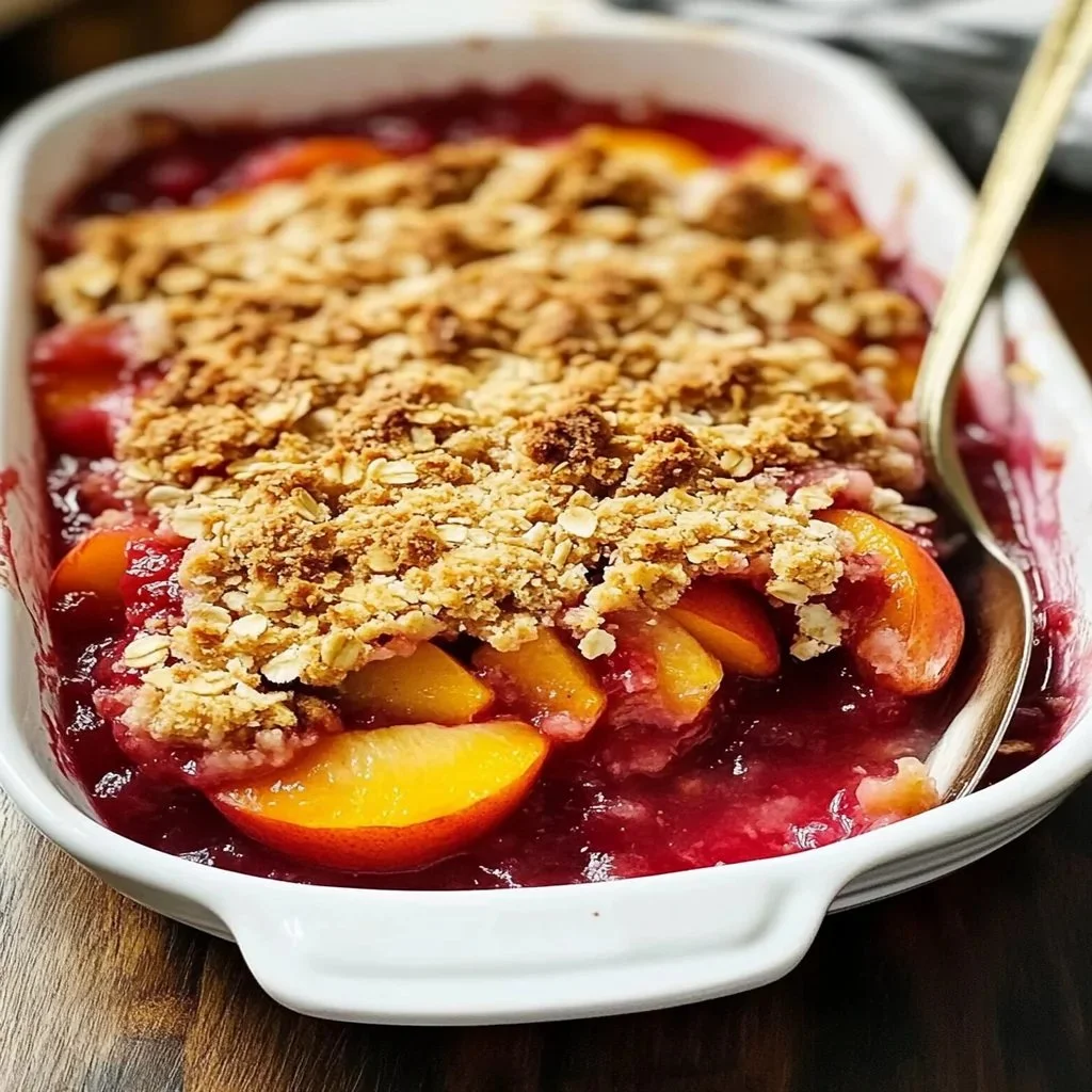 Delicious Strawberry Peach Crisp topped with oats and nuts