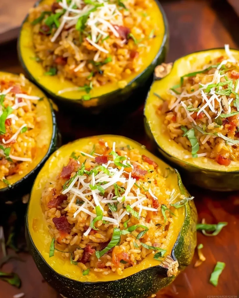Stuffed acorn squash filled with farro, bacon, sausage, and parmesan cheese