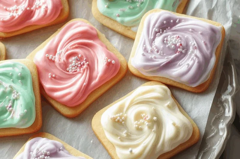 Decorated sugar cookies with hardened icing in colorful designs