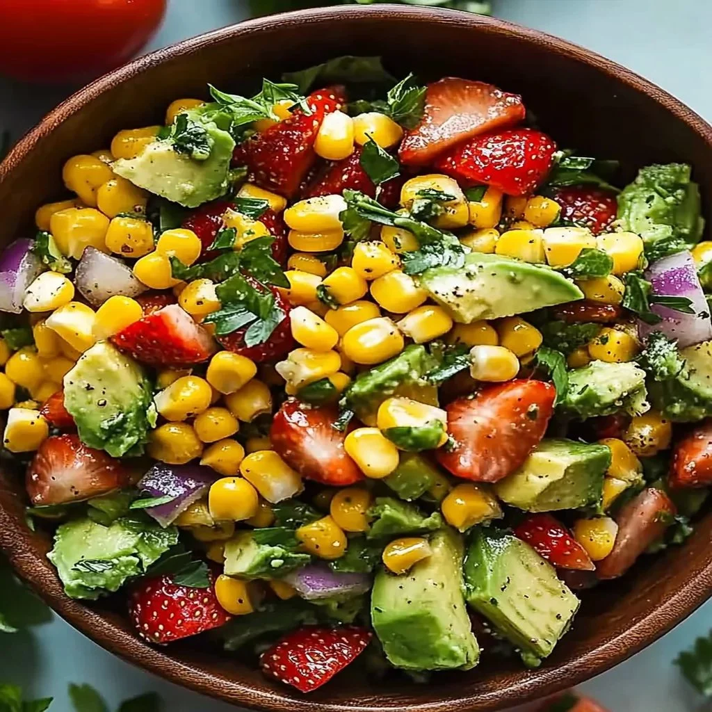 Delicious summer salad featuring corn, strawberries, and avocado