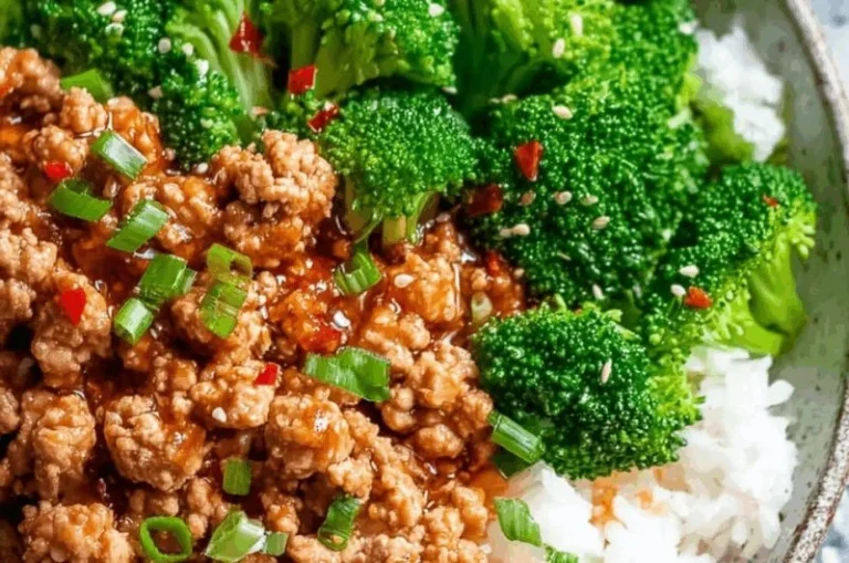 Sweet and spicy ground turkey broccoli bowls served in a colorful dish